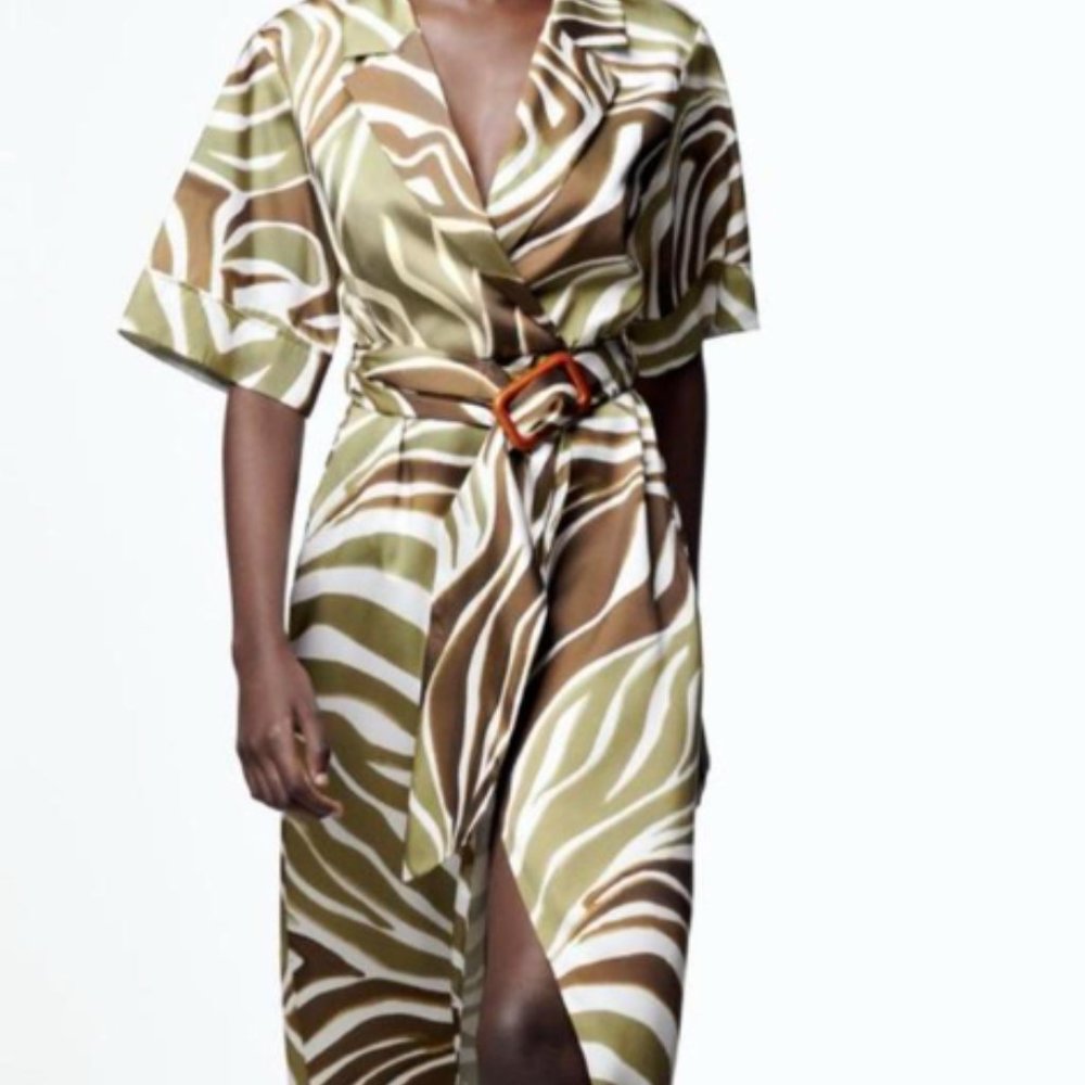 Zara Animal Print Dress Ecru / Green